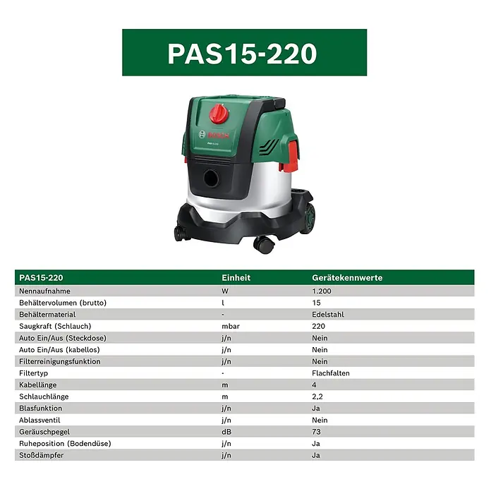 Bosch Elektro-Nass- & Trockensauger PAS 15-220 - 1.350 W, Behältervolumen: 15 l - Grüner und silberner Bosch PAS15-220 Nass-/Trockensauger, 15L Behälter, 1200W, mit rotem Schalter.