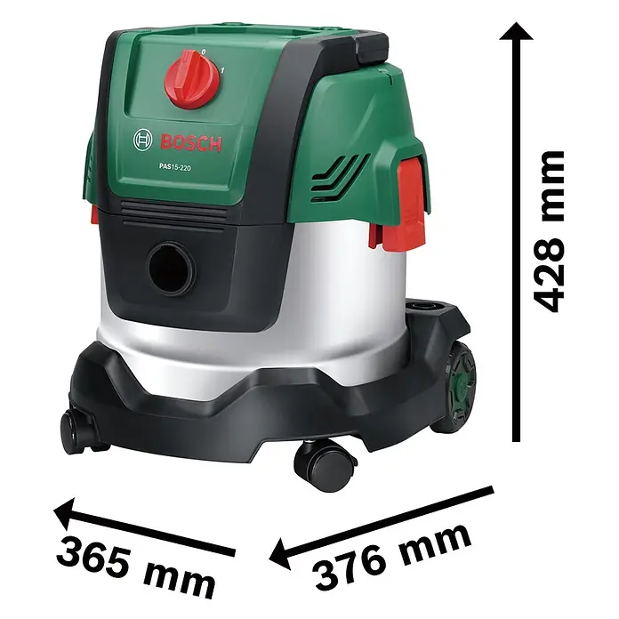 Bosch Elektro-Nass- & Trockensauger PAS 15-220 - 1.350 W, Behältervolumen: 15 l - Grün-silberner Bosch Staubsauger mit schwarzem Sockel, rotem Schalter und Abmessungen: 428x365x376 mm.