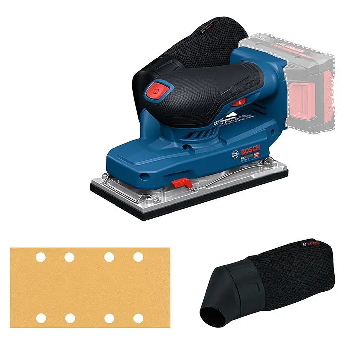 Bosch Professional AMPShare 18V Akku-Schwingschleifer - Anzahl Akkus: Ohne Akku, 10.000 U/min - 20.000 U/min, 18 V, Karton - Bosch Akku-Schwingschleifer, blau-schwarz, mit rotem Akku, Schleifpapier und Staubbeutel.
