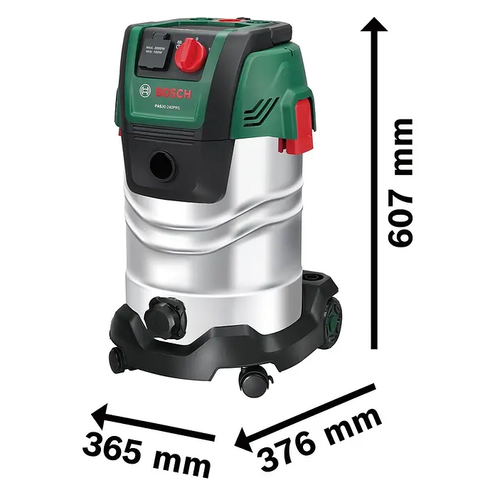 Bosch Elektro-Nass- & Trockensauger PAS30-240PRS - 1.400 W, Behältervolumen: 30 l - Grün-silberner Bosch Nass-/Trockensauger auf Rollen, Maße 607x365x376 mm.
