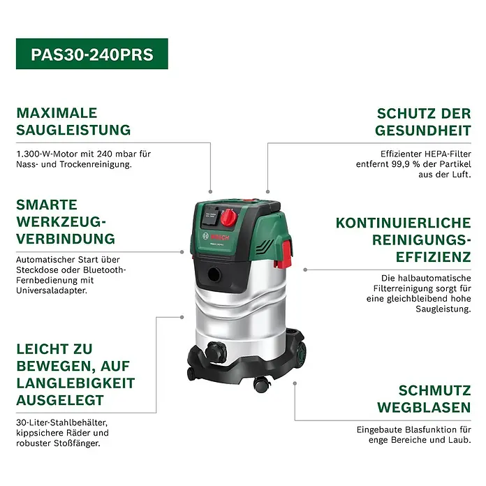 Bosch Elektro-Nass- & Trockensauger PAS30-240PRS - 1.400 W, Behältervolumen: 30 l - Bosch PAS30-240PRS Industriesauger mit grün/schwarzem Motor und silbernem 30-Liter-Stahlbehälter auf Rädern.