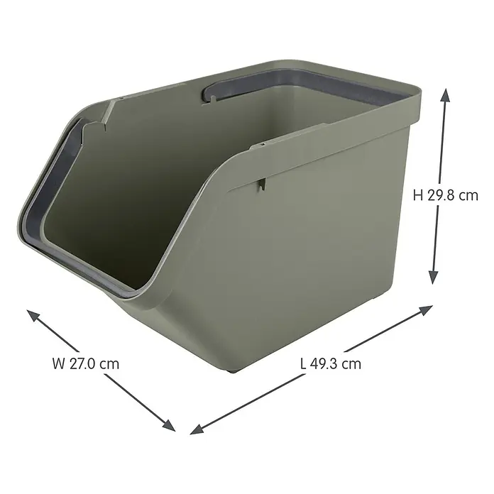 Sunware Sigma home Mülltrennsystem - 30 l, L x B x H: 49,3 x 27 x 29,8 cm, Dunkelgrün, Kunststoff - Stapelbare dunkelolivgrüne Kunststoff-Aufbewahrungsbox mit offener Vorderseite und dunkelgrauem Rand.