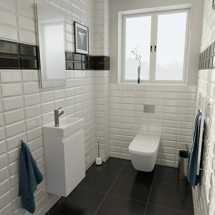 Camargue Espacio Badmöbel-Set A2 - 40 cm, Gama weiß matt - Modernes Badezimmer mit weißer Wandfliese, einem hängenden Waschtisch und einem wandhängenden WC für ein elegantes Ambiente.