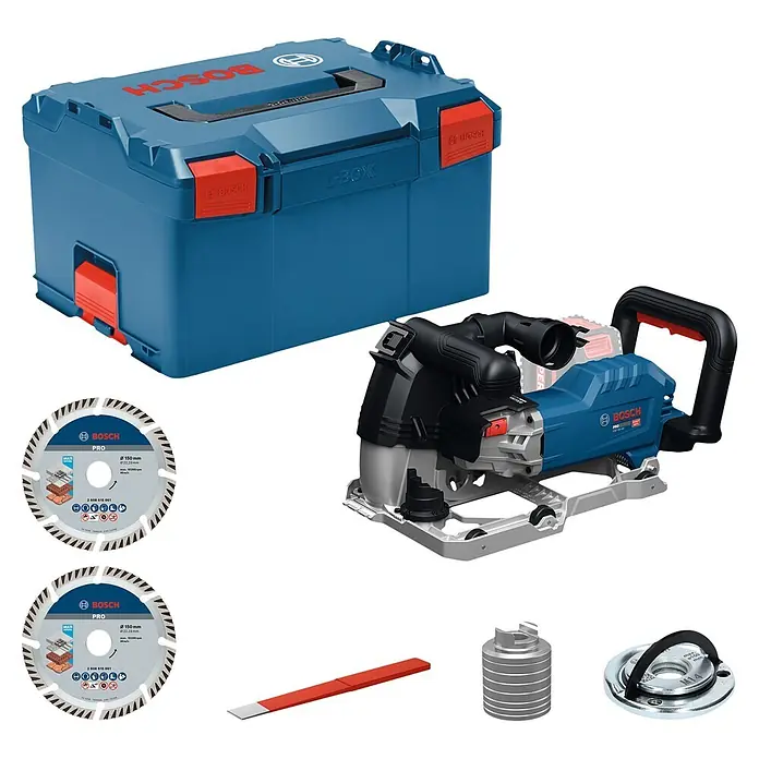 Bosch Professional AMPShare 18V Akku-Mauernutfräse GNF18V-40 - 18 V, Ohne Akku, Durchmesser Schleifscheibe: 150 mm - Blaue Bosch Mauernutfräse mit L-Boxx und Zubehör: zwei 150mm Scheiben, Meißel, Adapter, Montageplatte.