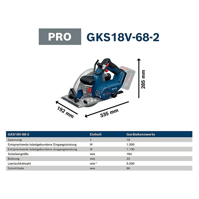 Bosch Professional AMPShare 18V Akku-Handkreissäge GKS 18V-68-2 SOLO - 19 V, Ohne Akku, Durchmesser Sägeblatt: 190 mm, 5.225 U/min - 5.775 U/min - Eine blau-schwarze Bosch GKS18V-68-2 Akku-Handkreissäge, ein leistungsstarkes und kompaktes Schneidwerkzeug.