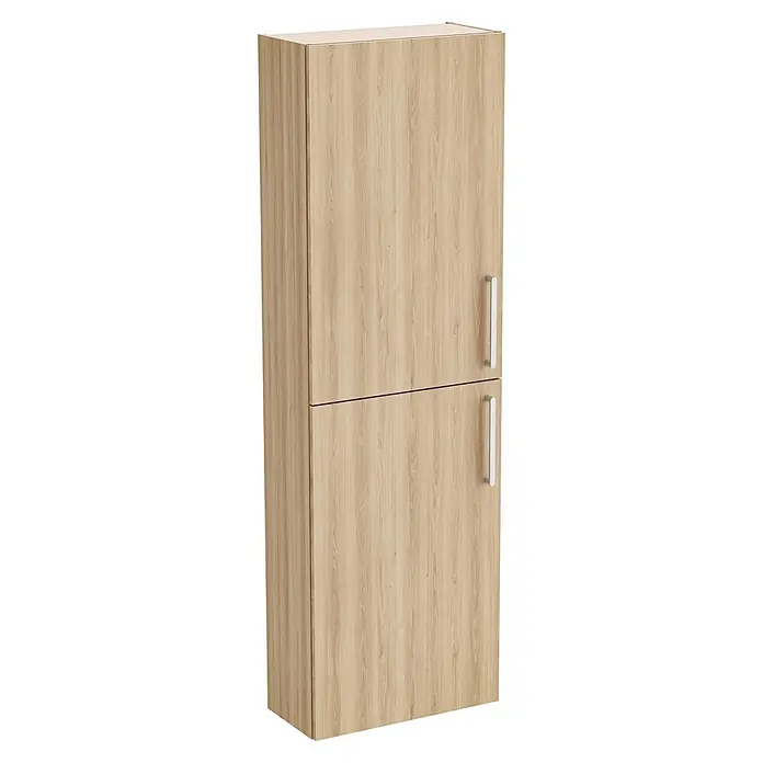VitrA Hochschrank Root Flat - B x T x H: 57 x 27 x 180 cm, Eiche Natur - Hoher Schrank aus hellem Holz mit zwei übereinanderliegenden Türen und silbernen Griffen.