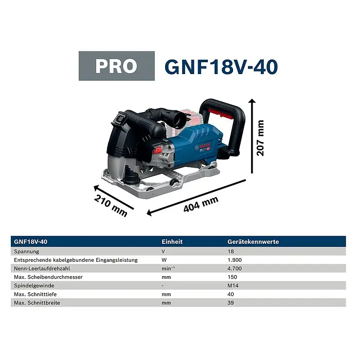 Bosch Professional AMPShare 18V Akku-Mauernutfräse GNF18V-40 - 18 V, Ohne Akku, Durchmesser Schleifscheibe: 150 mm - Blau-schwarze Bosch GNF18V-40 Akku-Mauernutfräse mit Abmessungen: 404mm Länge, 210mm Breite, 207mm Höhe.