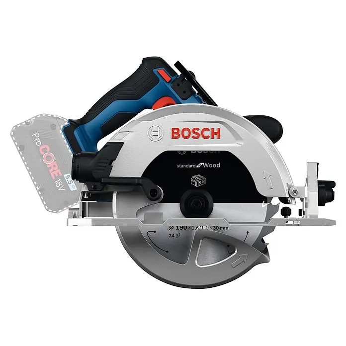 Bosch Professional AMPShare 18V Akku-Handkreissäge GKS 18V-68-2 SOLO - 19 V, Ohne Akku, Durchmesser Sägeblatt: 190 mm, 5.225 U/min - 5.775 U/min - Silber-schwarze Bosch Akku-Kreissäge mit blauem Griff und roten Akzenten, inklusive ProCORE 18V Akku, zum Holzschneiden.