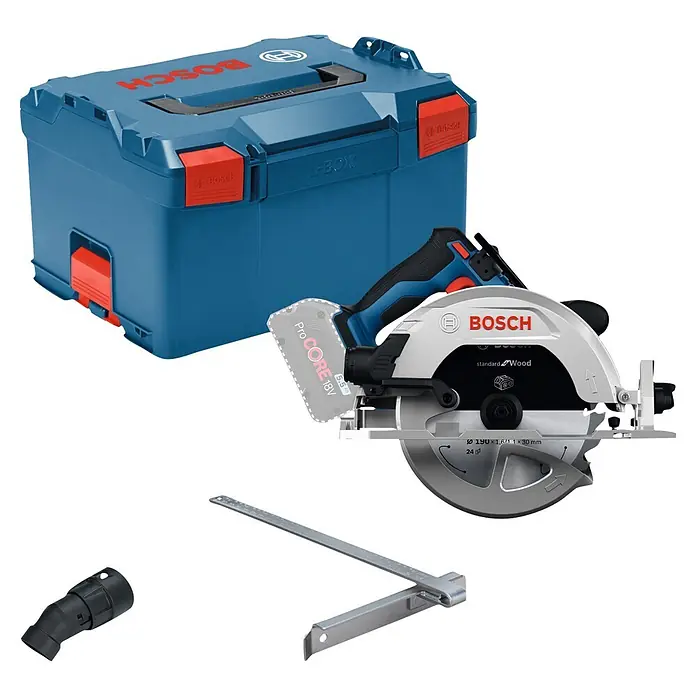 Bosch Professional AMPShare 18V Akku-Handkreissäge GKS 18V-68-2 SOLO - 19 V, Ohne Akku, Durchmesser Sägeblatt: 190 mm, 5.225 U/min - 5.775 U/min - Eine Bosch Akku-Kreissäge mit ProCORE 18V Akku, blauer L-BOXX, Staubadapter und Parallelanschlag.