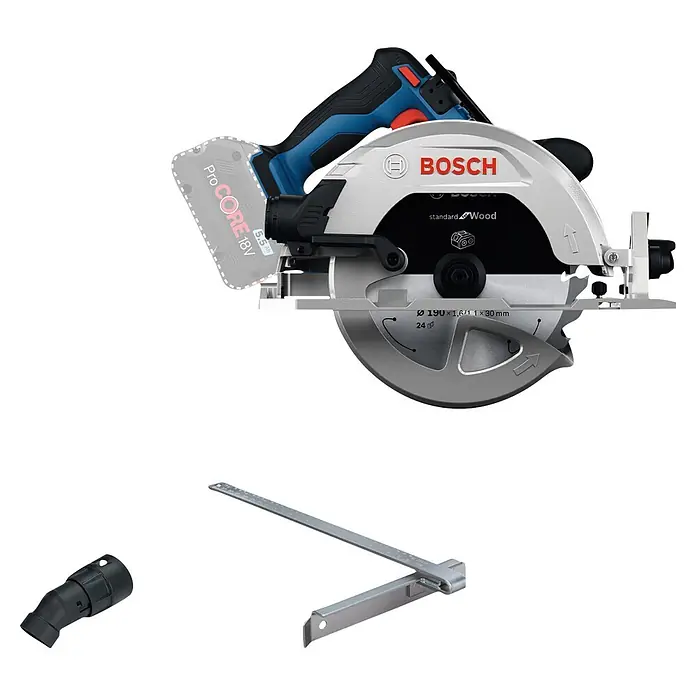 Bosch Professional AMPShare 18V Akku-Handkreissäge GKS 18V-68-2 SOLO - 18 V, Ohne Akku, Durchmesser Sägeblatt: 190 mm, 5.225 U/min - 5.775 U/min - Eine Bosch Akku-Kreissäge mit ProCORE 18V Akku, einem 'Standard for Wood' Sägeblatt, Staubadapter und Parallelanschlag.