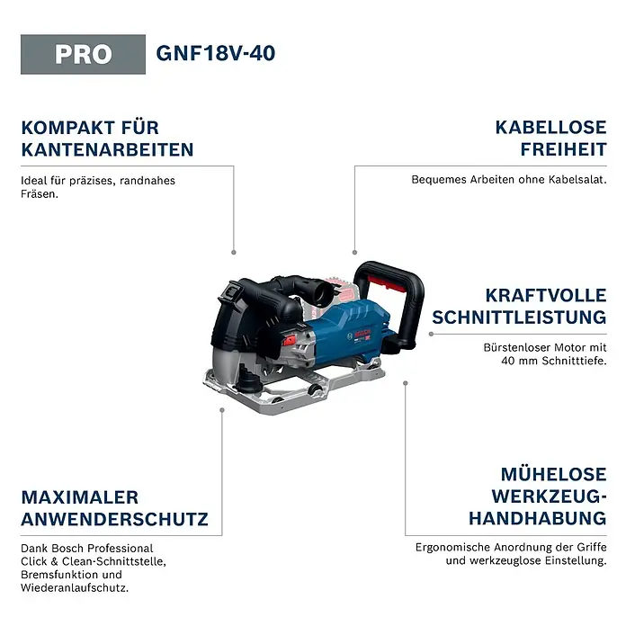 Bosch Professional AMPShare 18V Akku-Mauernutfräse GNF18V-40 - 18 V, Ohne Akku, Durchmesser Schleifscheibe: 150 mm - Ein blau-schwarzer Bosch Professional GNF18V-40 Akku-Mauernutfräse für präzise Kantenarbeiten. Leistungsstark und kabellos mit ergonomischem Design.