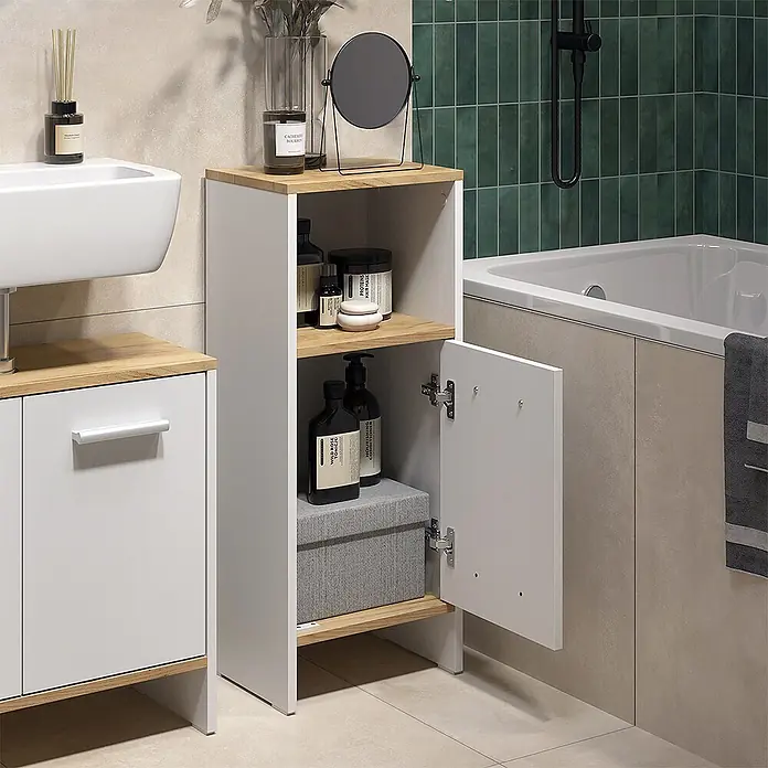 Vicco Badmöbel-Set Karli Weiß/Goldkraft Eiche 2 Teile - Weiß, Matt - Weißer Badezimmerschrank mit Holzplatte und Regalen, mit offener Tür und Toilettenartikeln.