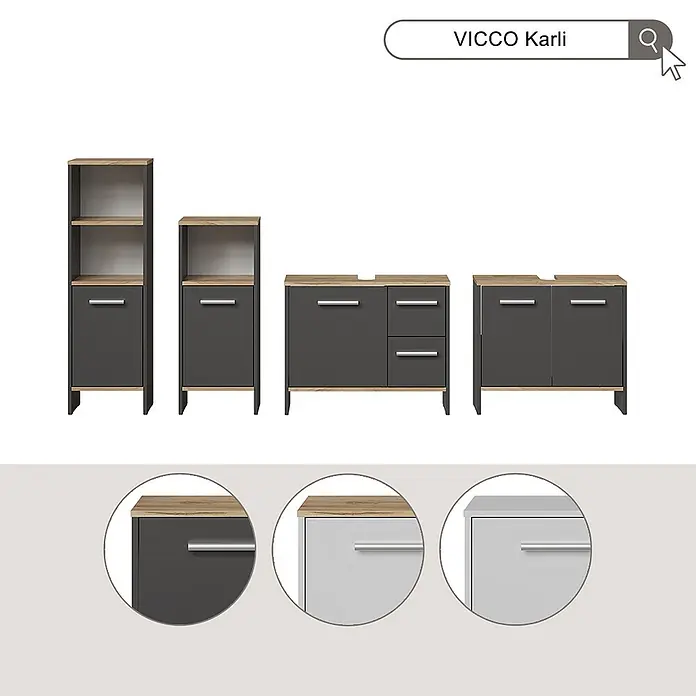 Vicco Badmöbel-Set Karli Weiß/Goldkraft Eiche 2 Teile - Weiß, Matt - Modulares Badezimmermöbel-Set in Dunkelgrau und hellem Holz mit silbernen Griffen, bestehend aus Schränken, Schubladen und Waschtischunterschränken.