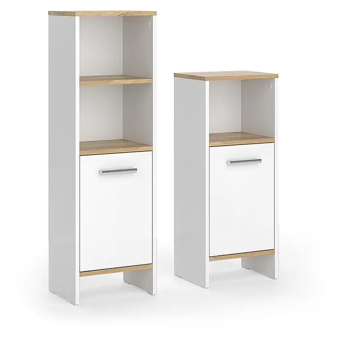 Vicco Badmöbel-Set Karli Weiß/Goldkraft Eiche 2 Teile - Weiß, Matt - Zwei schmale weiße und Eichenholz-Ablageschränke mit offenen Regalen und Unterschränken.