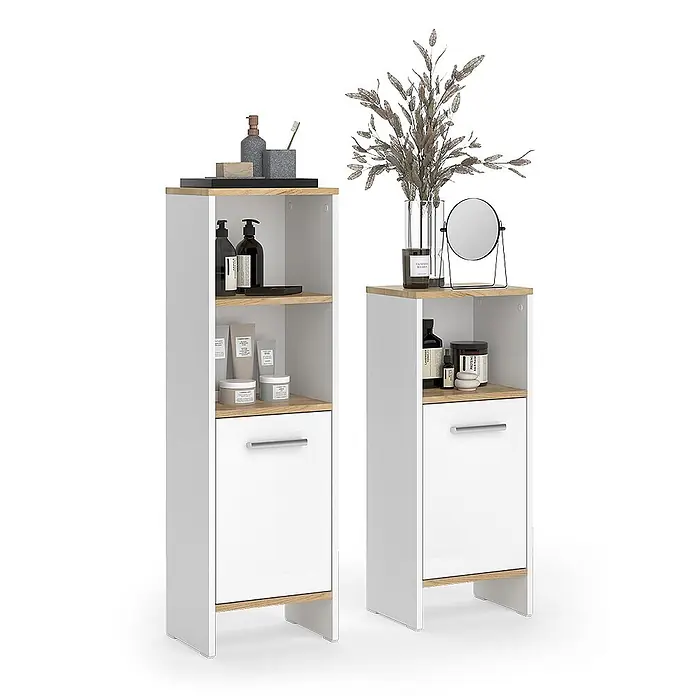 Vicco Badmöbel-Set Karli Weiß/Goldkraft Eiche 2 Teile - Weiß, Matt - Zwei weiße Hochschränke mit Holzmaserung, offenen Fächern und einer Tür. Ideal zur Badorganisation.