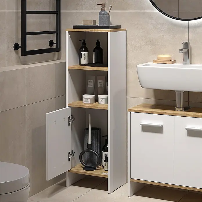 Vicco Badmöbel-Set Karli Weiß/Goldkraft Eiche 2 Teile - Weiß, Matt - Weißer Badhochschrank mit Eicheneffekt-Ablagen und offener Untertür, bietet praktischen Stauraum.