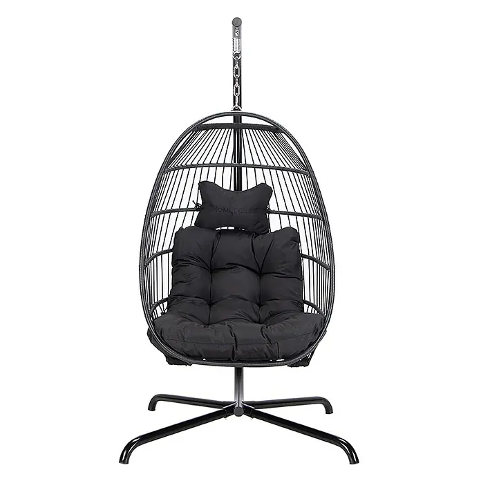 Home Deluxe Hängesessel LOMA 1-Sitzer - Kunststoff, Schwarz - Schwarzer Eier-Hängesessel mit Metallgestell und plüschigen schwarzen Kissen.