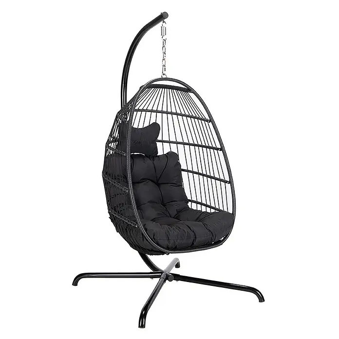 Home Deluxe Hängesessel LOMA 1-Sitzer - Kunststoff, Schwarz - Schwarzer, eiförmiger Hängesessel mit geflochtenem Design und schwarzen Kissen auf stabilem Metallgestell.
