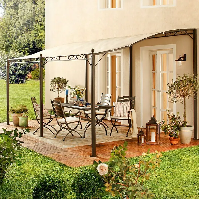 Ersatzdach Grenada XXL - Passend für: Sunfun Grenada Anstellpavillon 5 x 2,8 m - Eine elegante Terrassenüberdachung mit einem Tisch und Stühlen darunter, perfekt für Mahlzeiten im Freien und zur Entspannung.