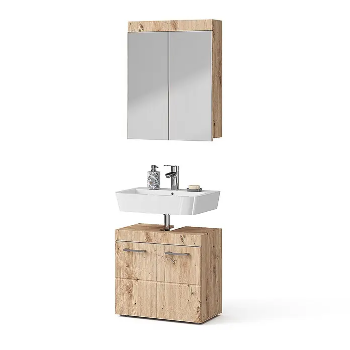 Vicco Badmöbel-Set Luna Eiche Wotan 2 Teile - Gesamtbreite Badmöbel: 60 cm, Eiche Wotan, Matt - Badezimmer-Waschtischset in Holzoptik mit Spiegelschrank, weißem Waschbecken und passendem Unterschrank.