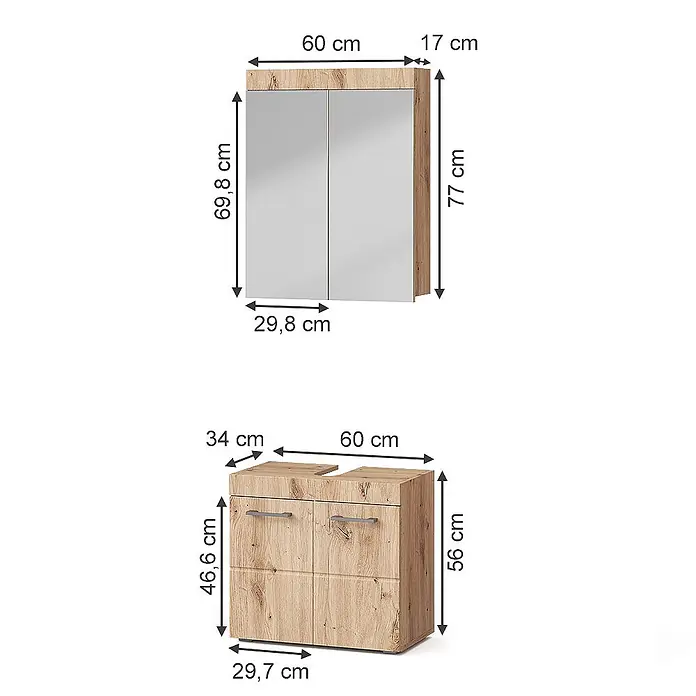 Vicco Badmöbel-Set Luna Eiche Wotan 2 Teile - Gesamtbreite Badmöbel: 60 cm, Eiche Wotan, Matt - Helles Badezimmerschrank-Set aus Holz: Spiegelschrank und Waschtischunterschrank mit Maßen.