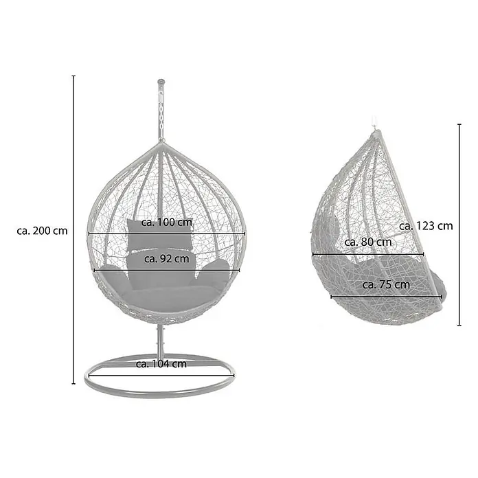 Home Deluxe Hängesessel CIELO - L x B x H: 104 x 104 x 200 cm, Schwarz - Hellgrauer Rattan-Hängesessel mit Gestell und grauen Kissen, Maße angegeben.