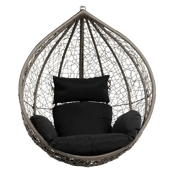 Home Deluxe Hängesessel CIELO - L x B x H: 104 x 104 x 200 cm, Schwarz - Geflochtener grauer Hängesessel mit bequemen schwarzen Kissen.
