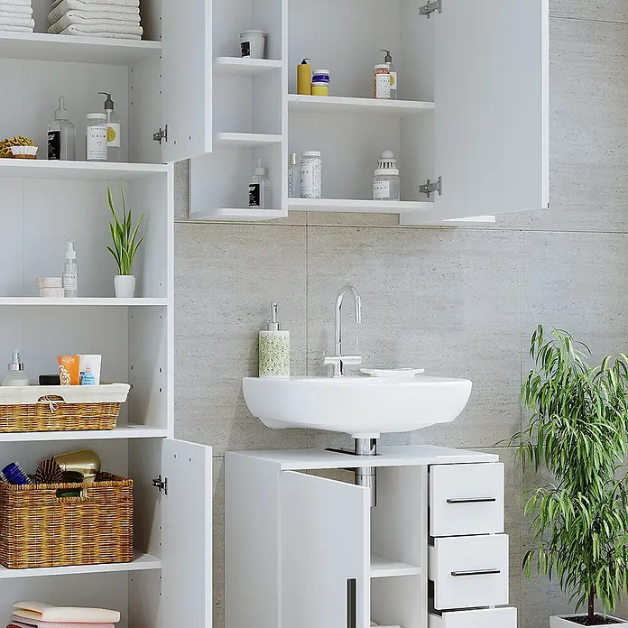 Vicco Badmöbel-Set Maris Weiß 2 Teile, mit Hochschrank und Bad Spiegelschrank - Weiß, Matt - Weißes Badmöbelset mit Waschbeckenunterschrank und Hängeschränken.