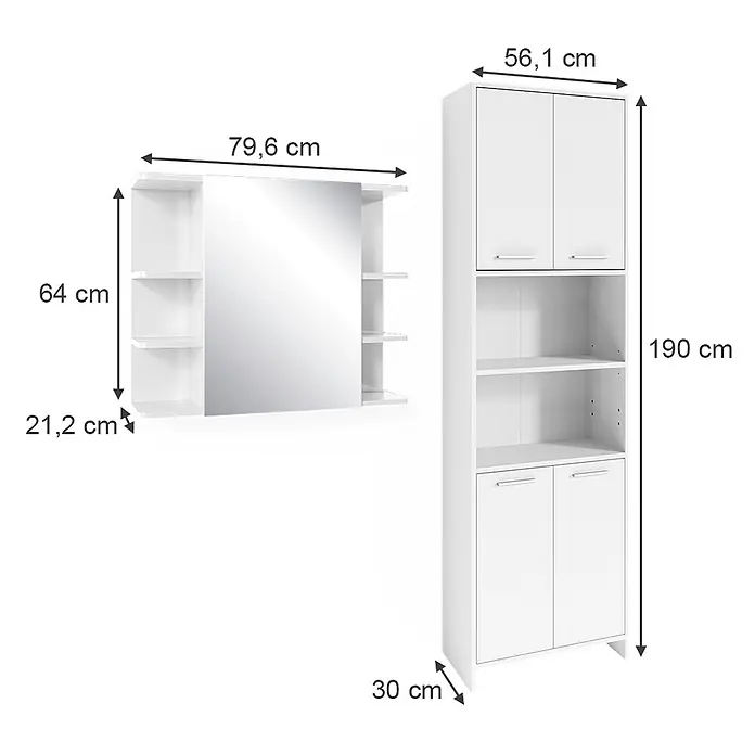 Vicco Badmöbel-Set Maris Weiß 2 Teile, mit Hochschrank und Bad Spiegelschrank - Weiß, Matt - Weißer Badschrank mit offenen Regalen und geschlossenen Fächern, neben einem Spiegelschrank mit Seitenregalen.