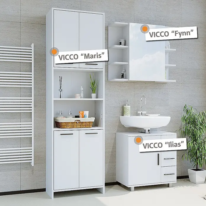 Vicco Badmöbel-Set Maris Weiß 2 Teile, mit Hochschrank und Waschbeckenunterschrank - Gesamtbreite Badmöbel: 116,1 cm, Weiß, Matt - Weißes Badmöbelset: Hochschrank mit Regalen, Spiegelschrank und Waschtischunterschrank mit Waschbecken.