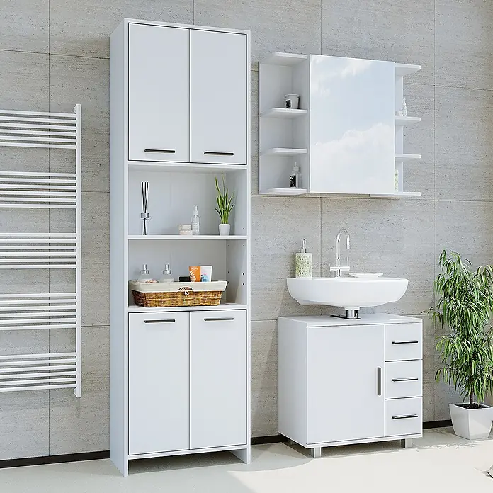 Vicco Badmöbel-Set Maris Weiß 2 Teile, mit Hochschrank und Waschbeckenunterschrank - Gesamtbreite Badmöbel: 116,1 cm, Weiß, Matt - Weißes Badezimmermöbel-Set aus Holz: ein Hochschrank, ein Waschtischunterschrank mit Waschbecken und ein Spiegelschrank bieten reichlich Stauraum.