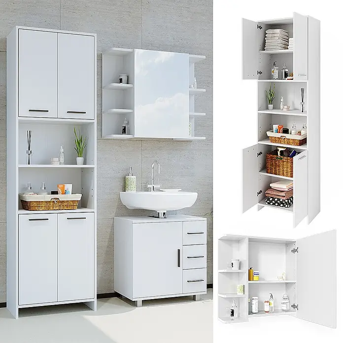 Vicco Badmöbel-Set Maris Weiß 2 Teile, mit Hochschrank und Bad Spiegelschrank - Weiß, Matt - Weiße Badmöbelgarnitur für Stauraum, bestehend aus Hochschrank, Spiegelschrank und Waschtischunterschrank.