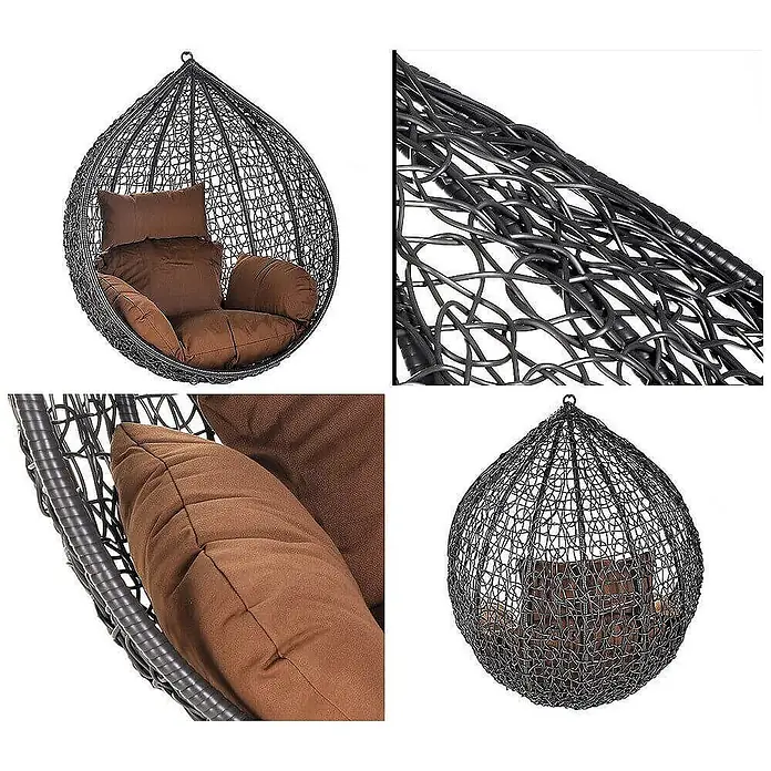 Home Deluxe Hängesessel CIELO Korb - Kunststoff, Grau - Eiförmiger Hängesessel aus schwarzem Korbgeflecht mit weichen braunen Kissen für bequemes Sitzen.