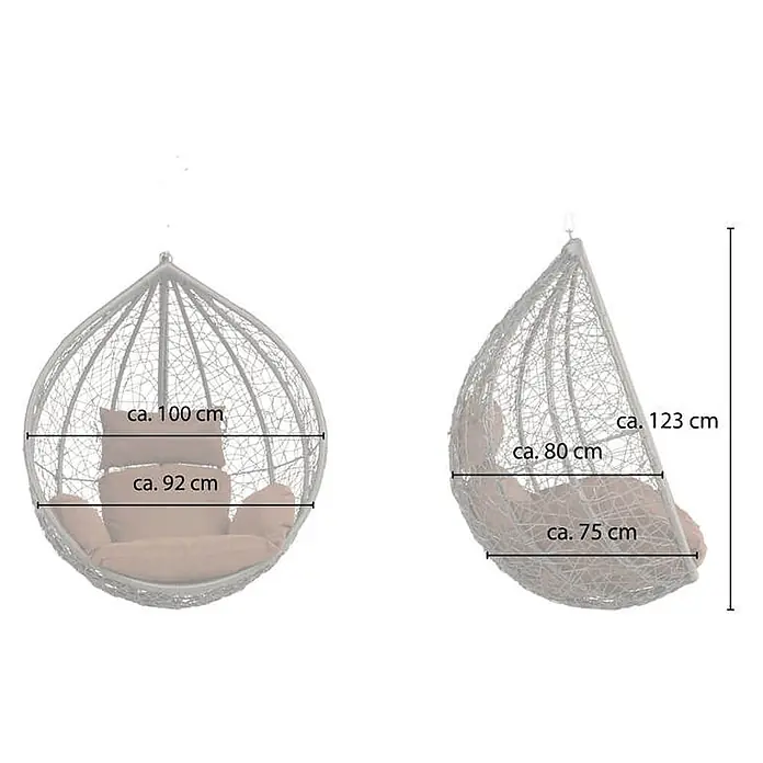 Home Deluxe Hängesessel CIELO Korb - Kunststoff, Grau - Hellgrauer geflochtener Hänge-Eiersessel mit beigen Kissen. Maße: ca. 100 cm breit, 123 cm hoch.