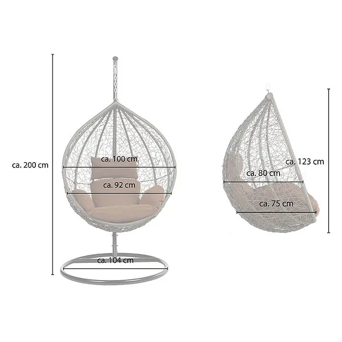 Home Deluxe Hängesessel CIELO - L x B x H: 104 x 104 x 200 cm, Grau - Hängesessel mit Kissen und Standfuß, Maße: Gesamthöhe 200cm, Fuß Ø 104cm, Korb 100cm B x 80cm T.