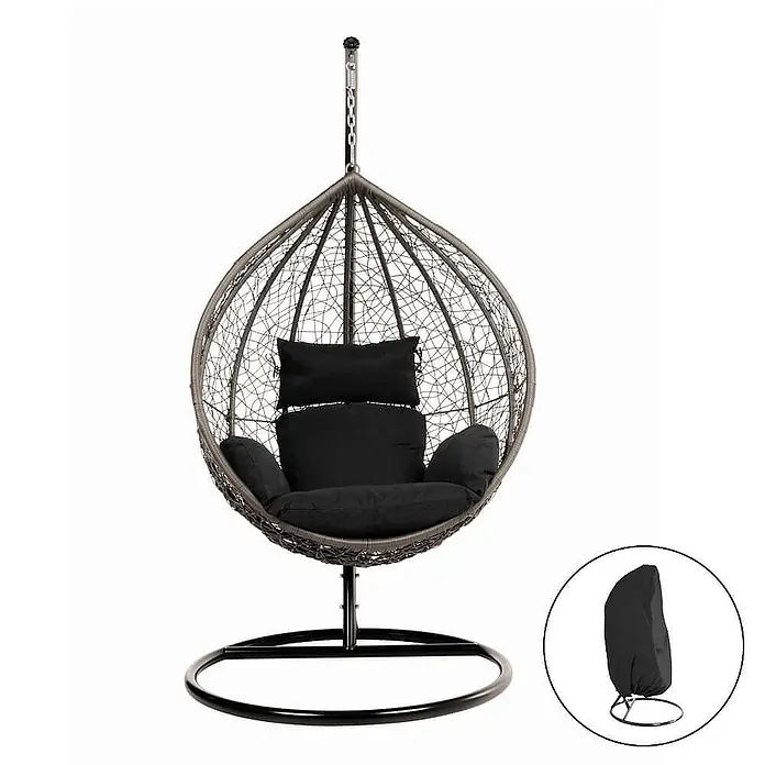 Home Deluxe Hängesessel CIELO inkl. Regenabdeckung - Kunststoff, Schwarz - Grauer Rattan-Hängesessel mit schwarzen Kissen und Ständer, inklusive schwarzer Schutzhülle.