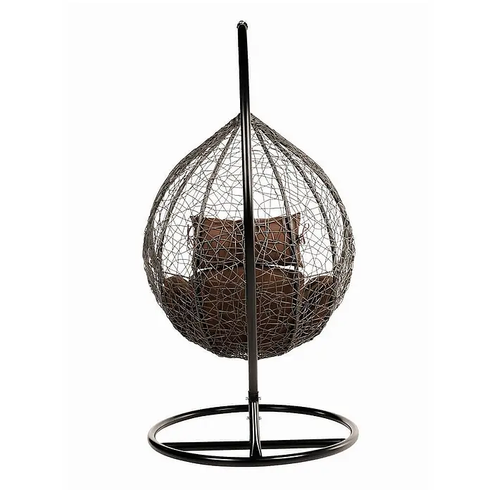 Home Deluxe Hängesessel CIELO inkl. Regenabdeckung - Kunststoff, Grau - Dunkelgrauer Hängesessel aus Geflecht mit braunen Kissen auf schwarzem Metallgestell.