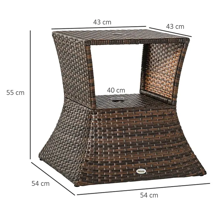 Outsunny Garten-Beistelltisch - L x B x H: 54 x 54 x 55 cm, Metall, Polyrattan, Quadratisch, Braun - Brauner Rattan-Beistelltisch in Sanduhrform mit Maßen: 55 cm hoch, Platte 43x43 cm, Basis 54x54 cm.