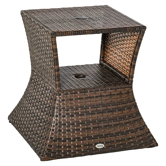 Outsunny Garten-Beistelltisch - L x B x H: 54 x 54 x 55 cm, Metall, Polyrattan, Quadratisch, Braun - Brauner, geflochtener Gartentisch aus Korbgeflecht in Sanduhrform mit quadratischer Platte und Basis, zwei Schirmhalterungen.