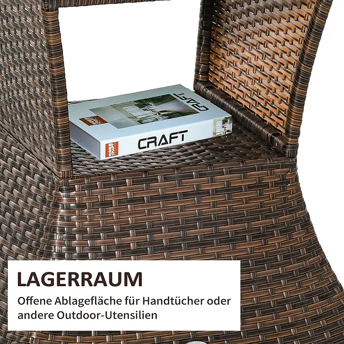 Outsunny Garten-Beistelltisch - L x B x H: 54 x 54 x 55 cm, Metall, Polyrattan, Quadratisch, Braun - Braunes geflochtenes Rattan-Gartenmöbel mit offener Ablagefläche, ideal für Handtücher oder Outdoor-Utensilien.