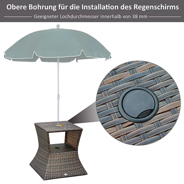 Outsunny Garten-Beistelltisch - L x B x H: 54 x 54 x 55 cm, Metall, Polyrattan, Quadratisch, Braun - Dunkelbrauner Rattan-Beistelltisch mit integriertem Schirmloch und schwarzer Abdeckung.