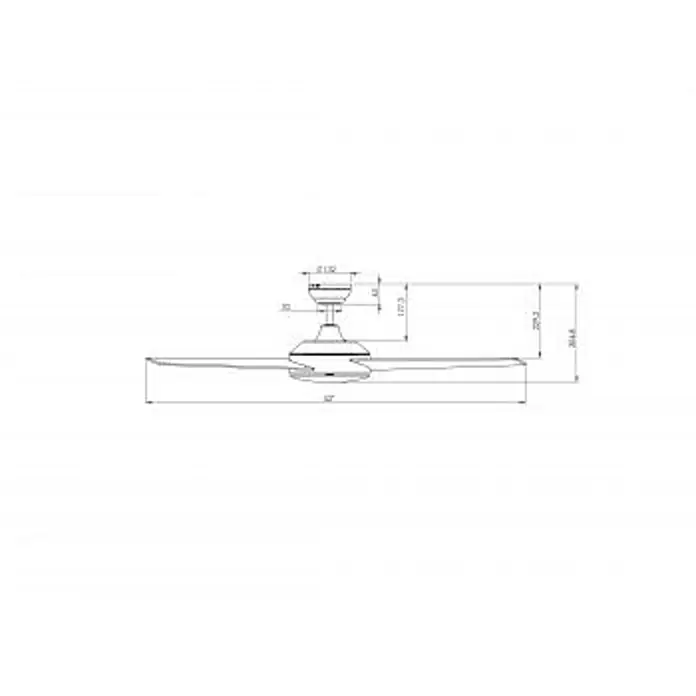 Vam Deckenventilator VEGA Chrom grey-wash / Graphit - grey-wash / Graphit, 1.320 mm, 46 W - Strichzeichnung eines dreiflügeligen Deckenventilators mit detaillierten Maßangaben.