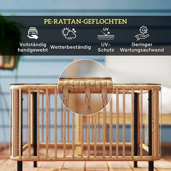 Outsunny Garten-Beistelltisch - L x B x H: 65 x 65 x 43 cm, Stahl, PE-Rattan, gehärtetes Glas, Quadratisch, Naturholz - Heller, handgewebter PE-Rattan-Gartentisch, wetterfest, UV-geschützt und pflegeleicht.