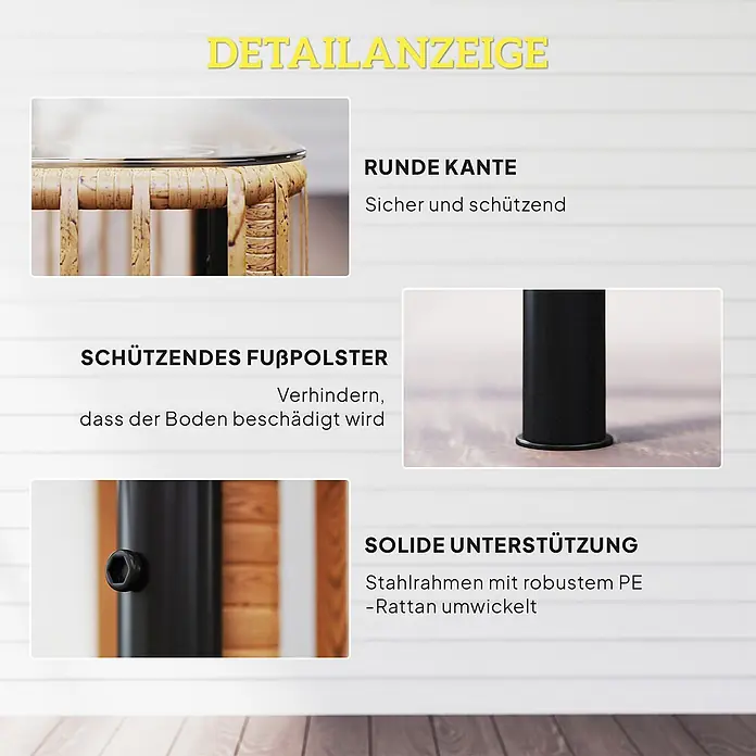 Outsunny Garten-Beistelltisch - L x B x H: 65 x 65 x 43 cm, Stahl, PE-Rattan, gehärtetes Glas, Quadratisch, Naturholz - Details eines mit Rattan umwickelten Möbelstücks, das seine runde Kante, schützende Fußpolster und Stahlrahmenkonstruktion zeigt.