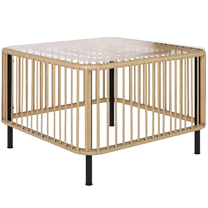 Outsunny Garten-Beistelltisch - L x B x H: 65 x 65 x 43 cm, Stahl, PE-Rattan, gehärtetes Glas, Quadratisch, Naturholz - Quadratischer Couchtisch mit naturfarbenem Rattan-Geflecht, Glasplatte und schwarzen Metallbeinen.