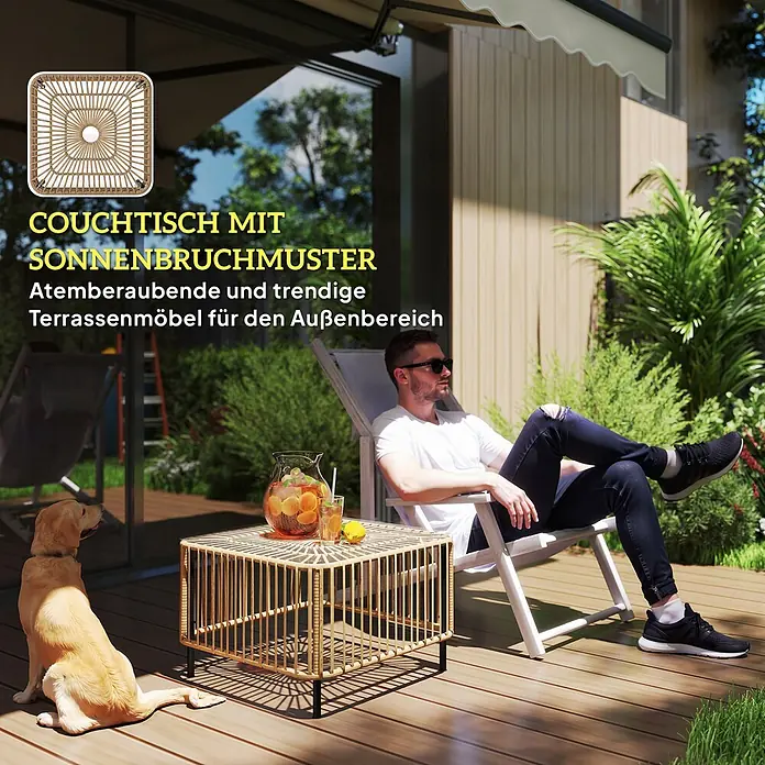 Outsunny Garten-Beistelltisch - L x B x H: 65 x 65 x 43 cm, Stahl, PE-Rattan, gehärtetes Glas, Quadratisch, Naturholz - Couchtisch aus hellem Rattan mit Sonnenbruchmuster, auf einer Terrasse neben einem Mann und einem Hund.
