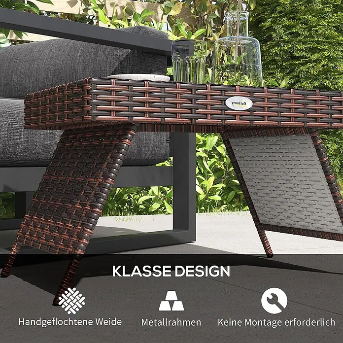 Outsunny Garten-Beistelltisch - Verzinkter Stahl, PE-Rattan, Klappbar, Rechteckig, Braun - Outdoor-Beistelltisch aus braun-schwarzem Geflecht mit Metallrahmen, integriertem Stauraum, keine Montage erforderlich.