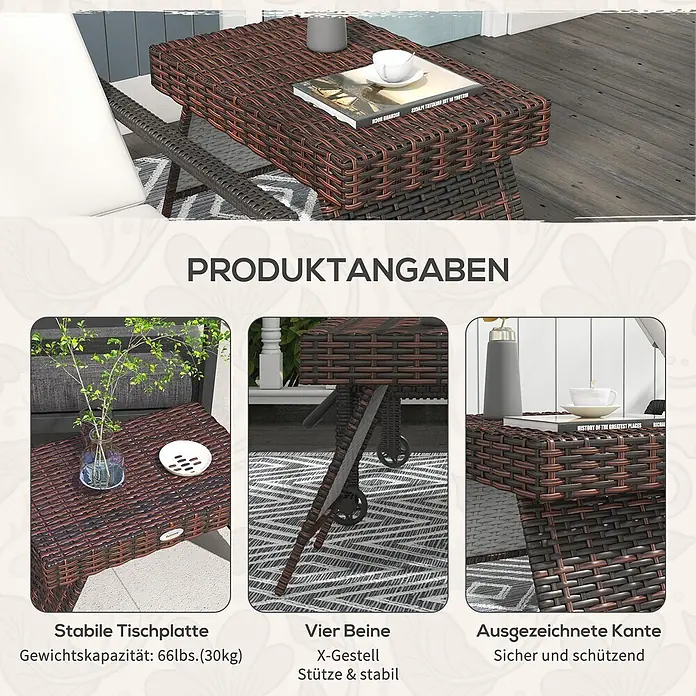 Outsunny Garten-Beistelltisch - Verzinkter Stahl, PE-Rattan, Klappbar, Rechteckig, Braun - Brauner Beistelltisch in Rattan-Optik mit stabiler Platte, X-förmigen Beinen und schützenden Kanten.