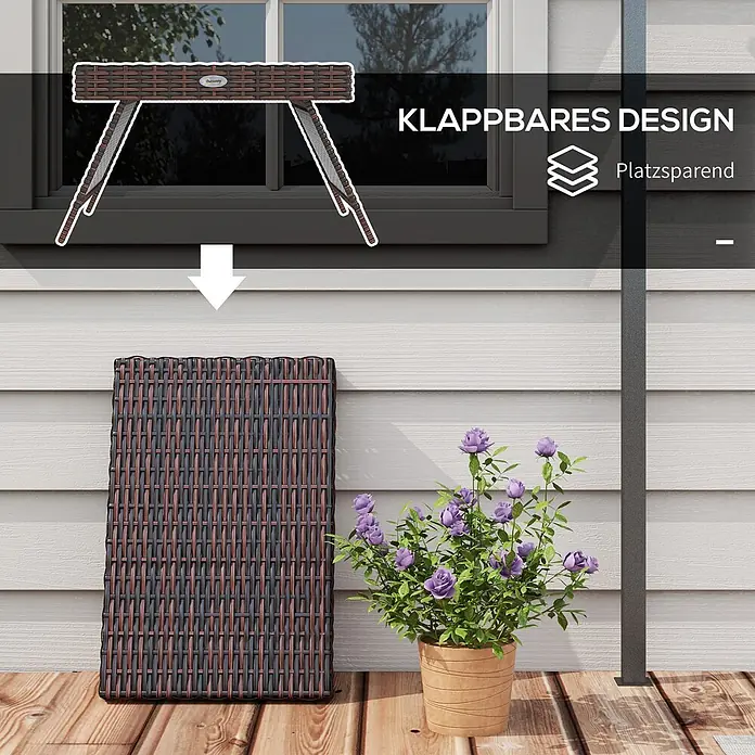 Outsunny Garten-Beistelltisch - Verzinkter Stahl, PE-Rattan, Klappbar, Rechteckig, Braun - Ein braun-schwarzer Rattan-Klapptisch, aufgebaut und flach zusammengeklappt zur platzsparenden Aufbewahrung.