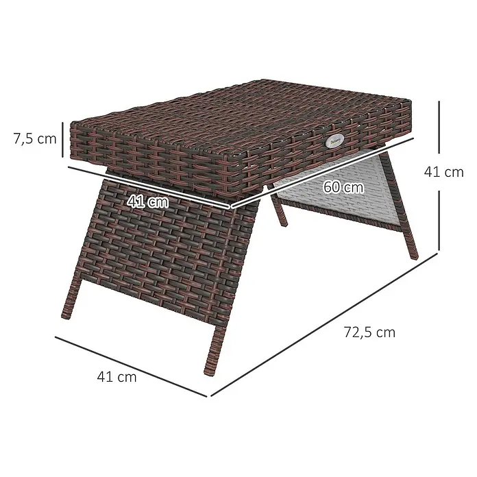 Outsunny Garten-Beistelltisch - Verzinkter Stahl, PE-Rattan, Klappbar, Rechteckig, Braun - Brauner Rattan-Optik Gartentisch mit Maßen: L 72,5cm, B 41cm, H 41cm.